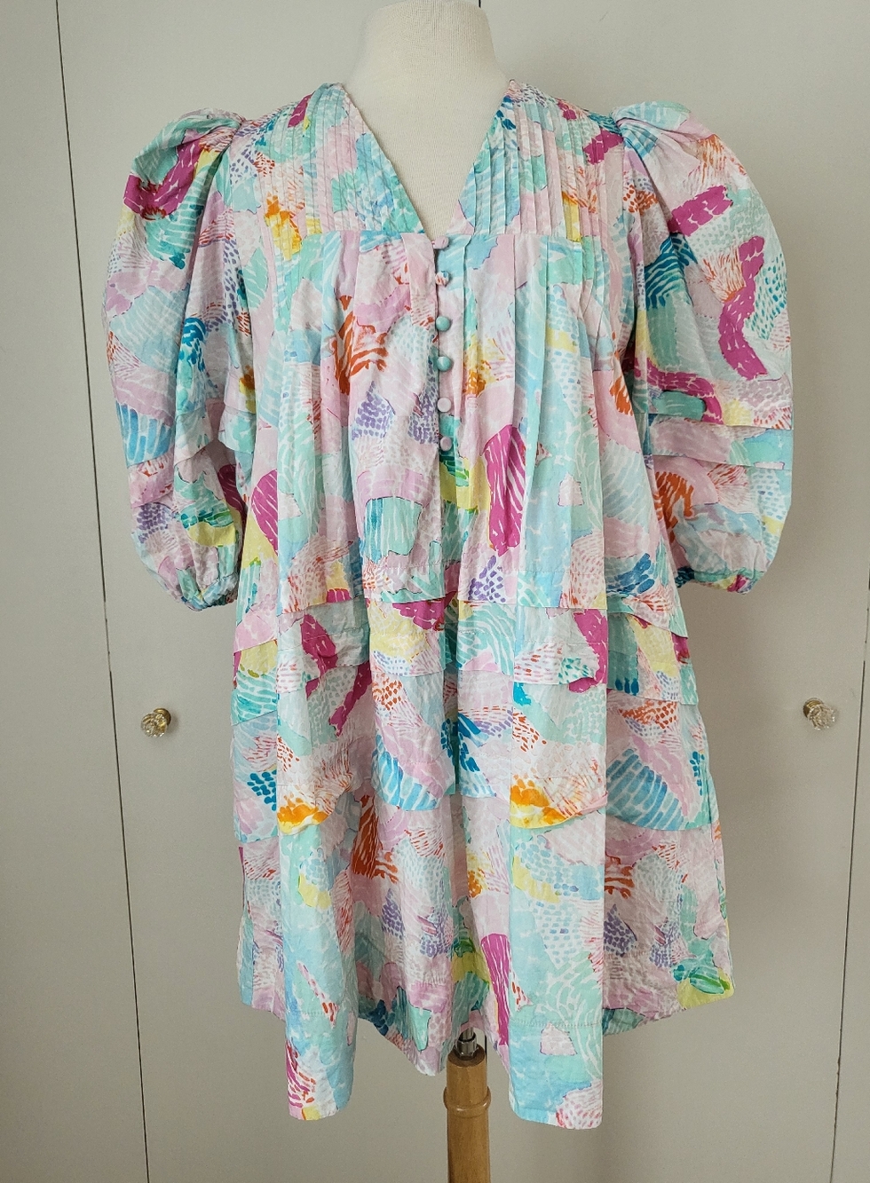 Hunter Bell Jenkins Dress Painterly Rainbow Puff Sleeve Size M